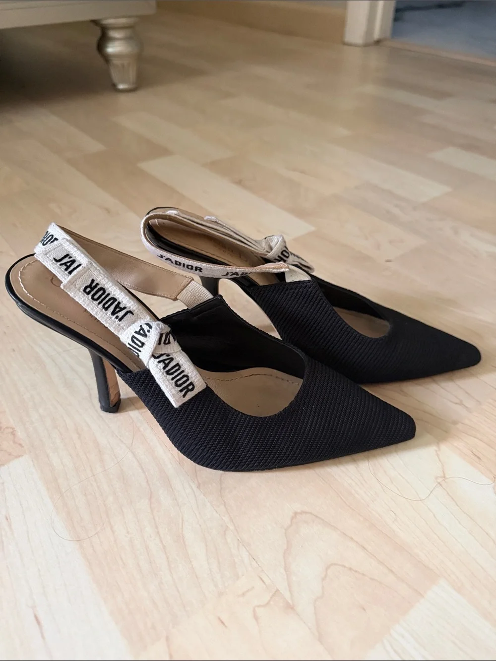 Dior Black Pointed-Toe Slingback Heels with J'Adior Ribbon